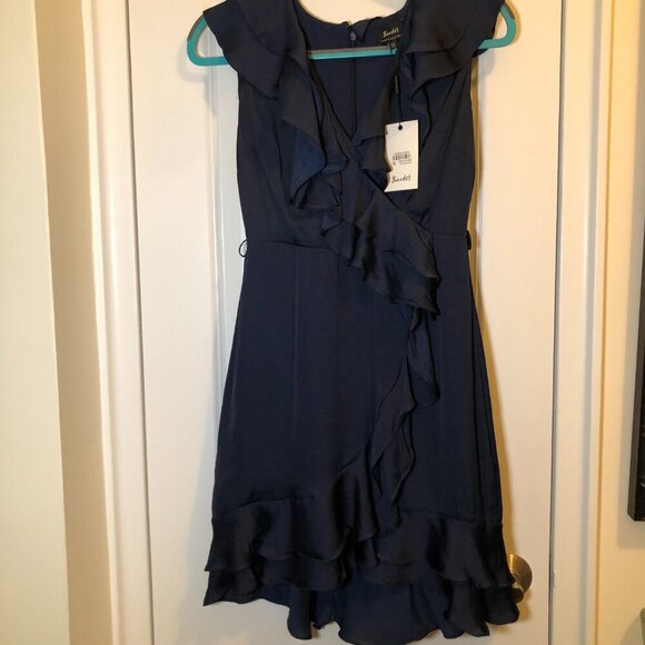 Bardot Satin Layered Frill Ruffle Faux Mini Wrap Mini Dress Navy Size 6/S NWT - Picture 3 of 10
